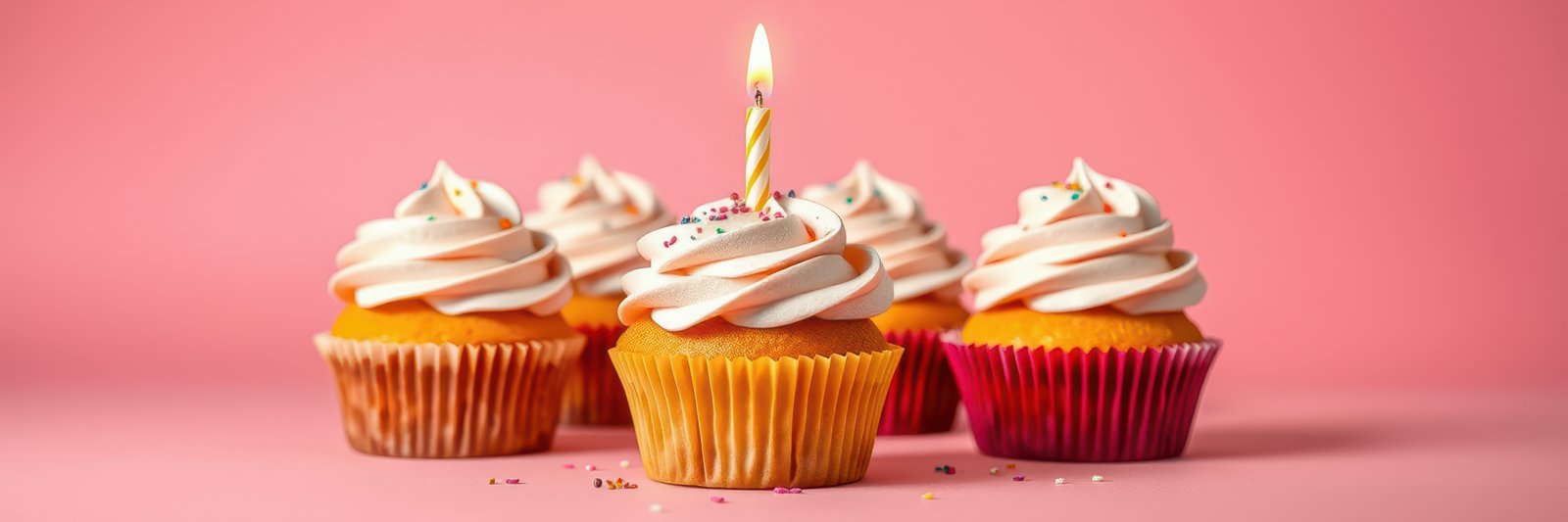 Delicious celebration cupcakes with frosting and a candle on a pink background for a birthday party